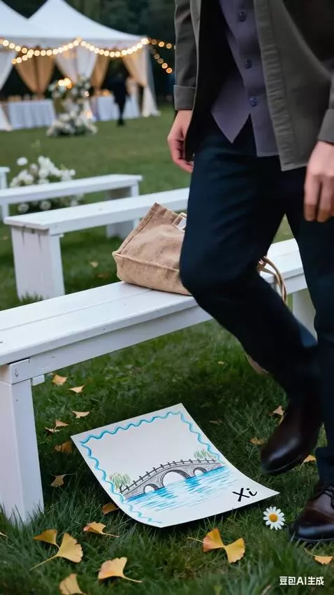 AI Video from prompt: 中景跟拍视角，男主陈默起身走向饮品区，路过白色长椅时停下，长椅上放着带淡蓝色花纹的画稿（画中是西