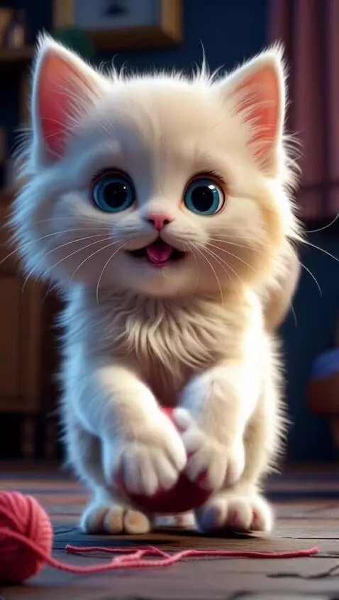 AI Video from prompt: Fluffy cream-white baby kitten with golden tint,