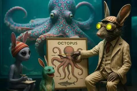 AI Video from prompt: Octopus swims gently as rat uses pointer to poin