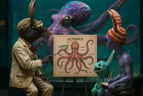 AI Video from prompt: Octopus swims gently as rat uses pointer to poin