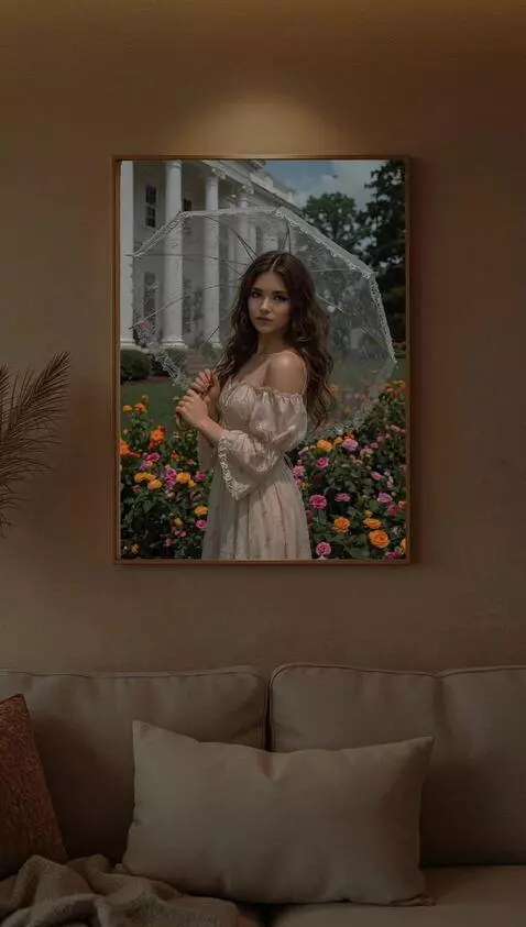 AI Video from prompt: the camera slowly approaches the painting