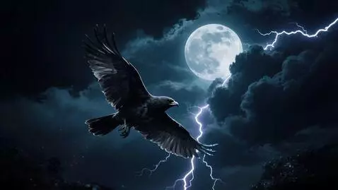 AI Video from prompt: Night, moon, Bird anxiously flies through thunde