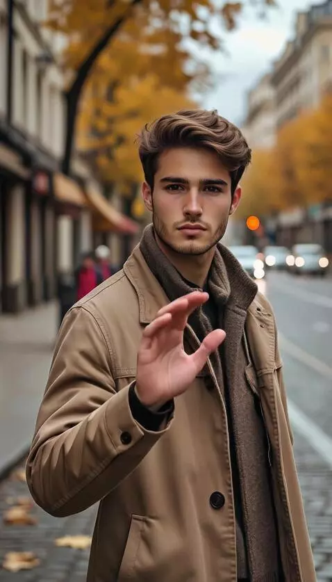 AI Video from prompt: the man turns to the camera, raises his right ha