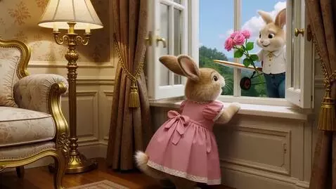 AI Video from prompt: Милый пушистый заяц на задних лапах она в розово