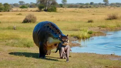 AI Video from prompt: Un șarpe boa gigant,are in gura un pui de hipopo