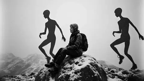 AI Video from prompt: A hiker girl sits on a rock and sings a song und