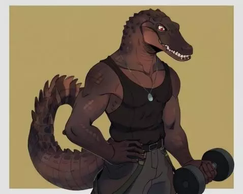 AI Video from prompt: Alligator lizard dude Lifting up weights to buil