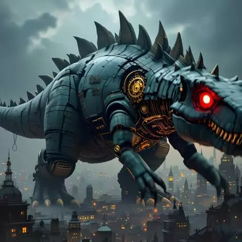 AI Video from prompt: Огромный механический динозавр топчет ногами гор