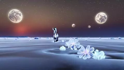 AI Video from prompt: The icy desert is silent under two moons. A mech