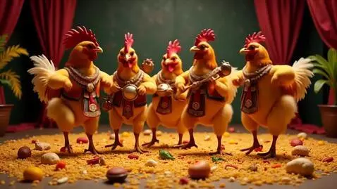 AI Video from prompt: A band made out of chicken dancers on a floor ma
