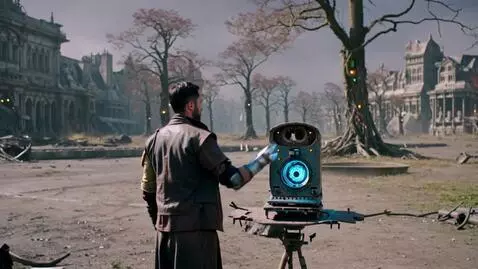AI Video from prompt: A wasteland of a metropolis. A guy (with a prost