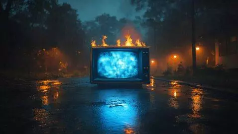AI Video from prompt: the tv is on fire, the screen is glowing, and mi