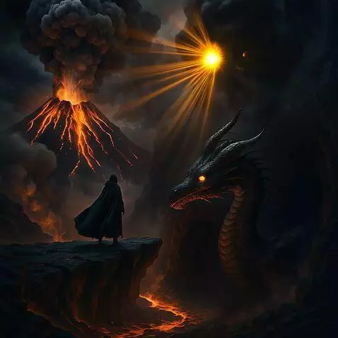 AI Video from prompt: An active volcano spews black-orange lava, smoke