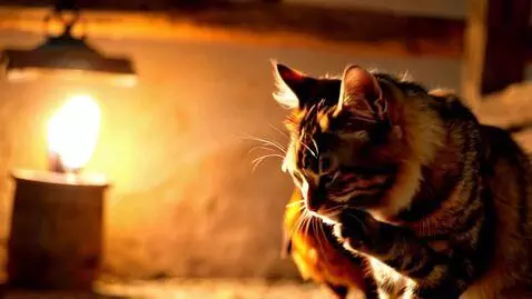 AI Video from prompt: The cat is rubbing her hands on hands and hen is