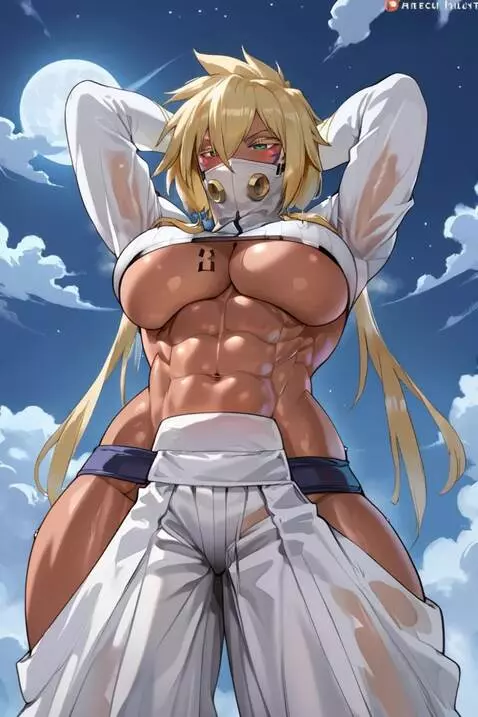 AI Video from prompt: Anime muscle girl, flexing abs, view from below,