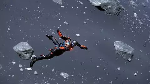 AI Video from prompt: A woman in a spacesuit with copper insignia flie