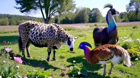 AI Video from prompt: A sheep with a leopard skin, talking to a hen wi
