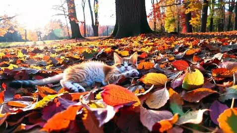 AI Video from prompt: На опавших осенних листьях лежит котёнок. Золота