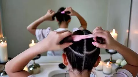 AI Video from prompt: ASMR video, a girl doing hair styling with a cur