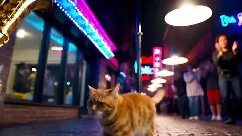 AI Video from prompt: Action (8s): The ginger cat dances to a saxophon