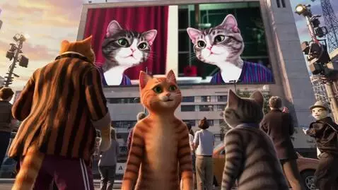 AI Video from prompt: Action (8s): They look up at a giant billboard s