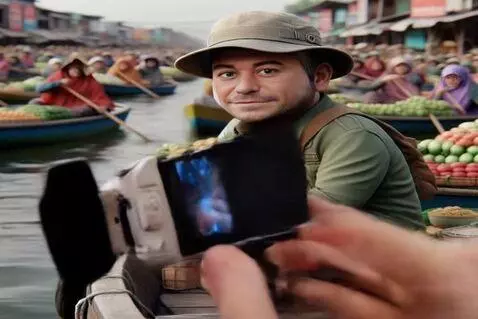 AI Video from prompt: Парень поворачивает фотоаппарат в объектив снима