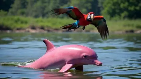 AI Video from prompt: a pink dolphin swimming in the amazon river with