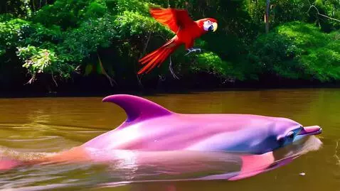 AI Video from prompt: a pink dolphin swimming in the amazon river with