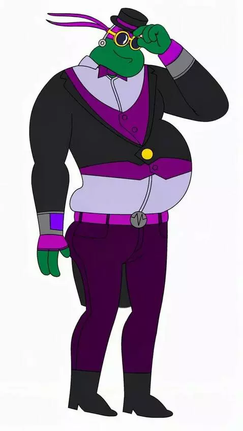 AI Video from prompt: A green-skinned fat guy puts a monocle on his ey