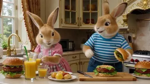 AI Video from prompt: Два милых пушистых зайца на задних лапах. Он в с