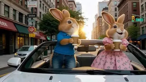 AI Video from prompt: Два милых пушистых зайца на задних лапах. Он в с