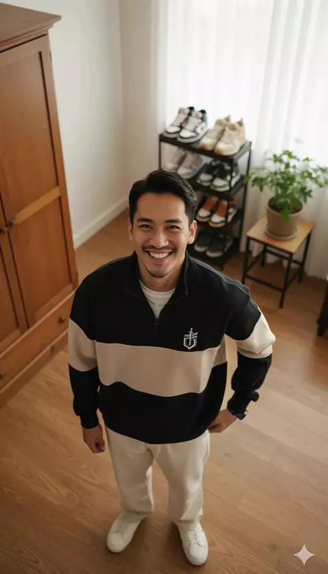 AI Video from prompt: Pria tersebut bergaya keren sambil tersenyum sep