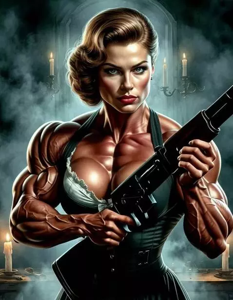 AI Video from prompt: Bodybuilder maid, holds rifle and aiming, huge m