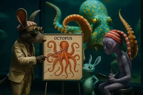 AI Video from prompt: The octopus swims around in aquarium. Rat uses p