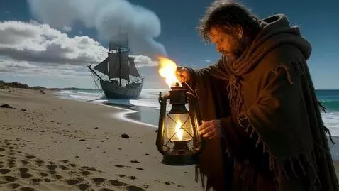 AI Video from prompt: A watchman in a tattered cloak lights a lantern 