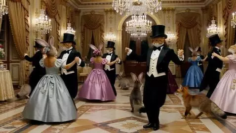 AI Video from prompt: Cats in dapper clothes at a fancy and extravagan