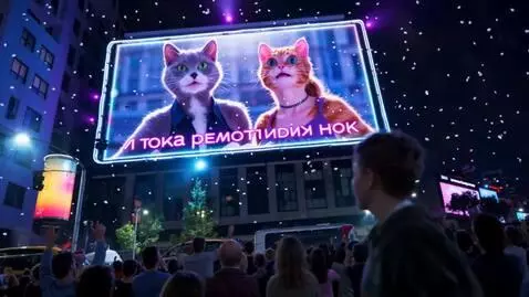 AI Video from prompt: Action (8s): The cat-humans look up: a giant neo