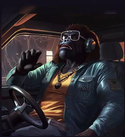 AI Video from prompt: Fomo ape rocking in his car and listening to fom