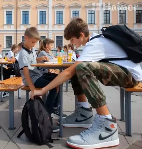 AI Video from prompt: He takes his backpack, hands it to his classmate