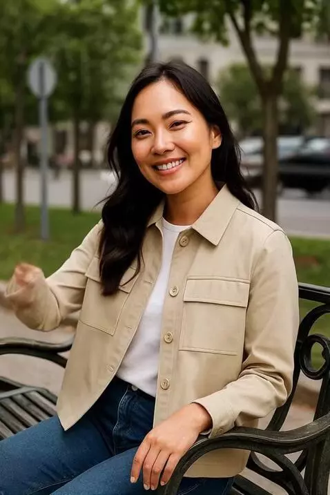 AI Video from prompt: Model duduk di taman kota, bergaya di depan kame