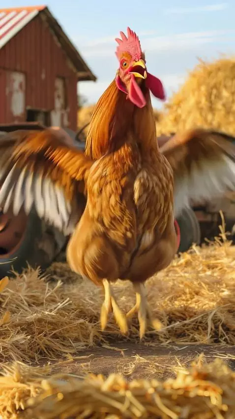 AI Video from prompt: A puppy sneaks up behind the rooster. The rooste
