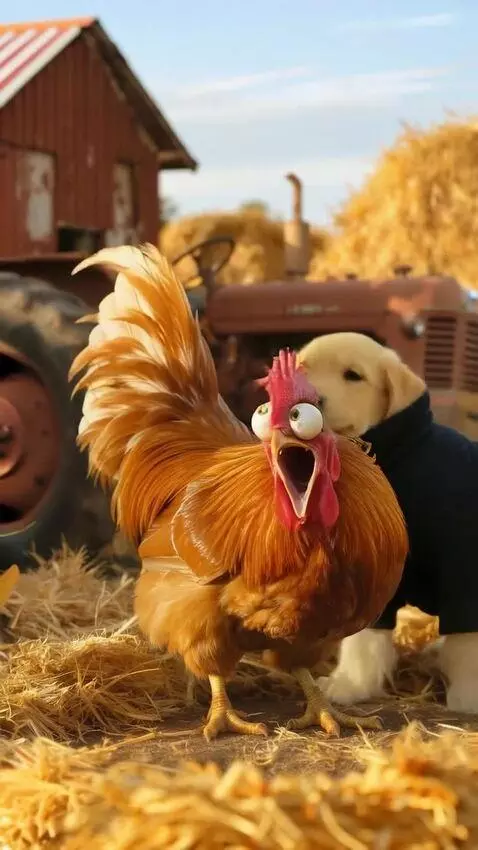 AI Video from prompt: A puppy sneaks up behind the rooster. The rooste