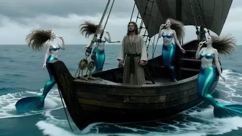 AI Video from prompt: A dream like scene of a sailor on a boat in a tr