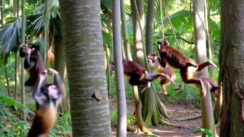 AI Video from prompt: a group of howler monkeys playfully swing from b