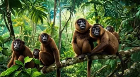 AI Video from prompt: a group of howler monkeys playfully swing from b