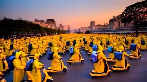 AI Video from prompt: Тысячи курьеров в жёлтых дождевых плащах на жёлт