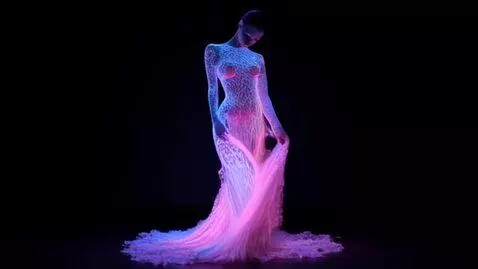 AI Video from prompt: Realistic bioluminescent fashion model glowing i