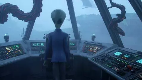 AI Video from prompt: Space Jockey ]seating at the bridge inside  an A