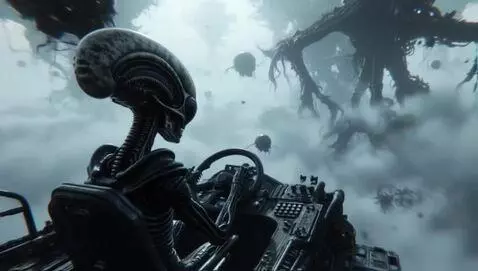 AI Video from prompt: Space Jockey seated at the bridge inside an Alie