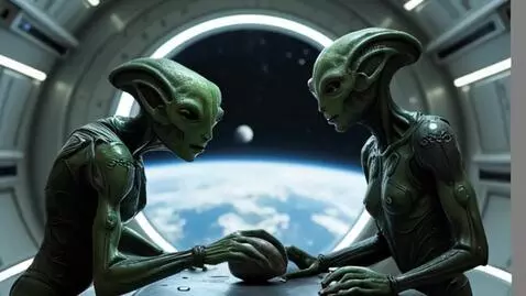 AI Video from prompt: Two aliens, behind the porthole is the planet Ea